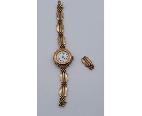 9ct gold wrist watch on  a 9ct gold bracelet. Painted with roman numerals to the dial. Manual wind mechanical movement. Marke
