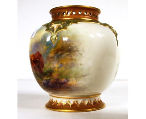 Royal Worcester signed John Stinton vase with hand painted highland cattle and pierced porcelain top rim, circa 1910, height 