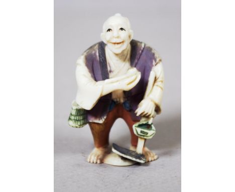 Antique Japanese ivory netsuke - Man with a staff signed to base, height 5cm approx. May not be exported without CITES docume