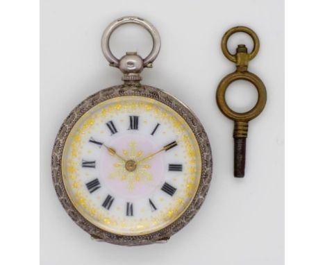 Decorative silver ladies open face fob watch with gold decoration to the white enamel face. Key wind. Stamped 935. Approx 35m