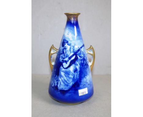 Royal Doulton blue children twin handle vase pattern: lady playing a guitar, height 17cm approx (restoration to rim)