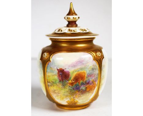 Royal Worcester signed John Stinton pot pouri jar with hand painted highland cattle, circa 1910, height 12cm approx