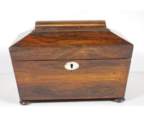 William IV period rosewood sarcophagus caddy with mother of pearl handles and flat bun feet, c1840, 22.5cm wide, 13.5cm deep
