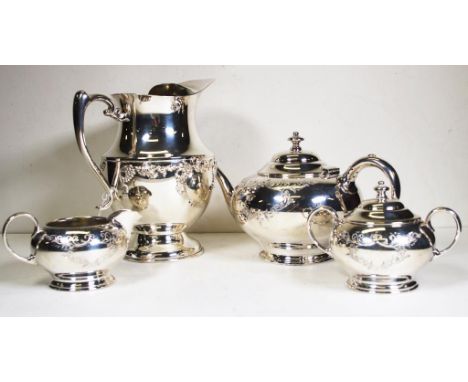 Vintage three piece silver plate tea set including teapot, creamer and sugar bowl, marked for James Dixon & Son, engraved dec