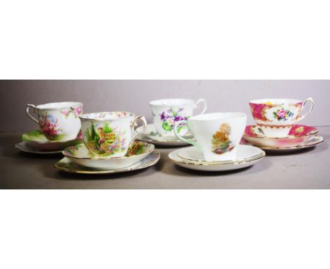 Five various English ceramic trios 3 Royal Albert trios, including 'Blossom Time,' 'Kentish Rookery,' & 'Lady Carlisle;' Shel