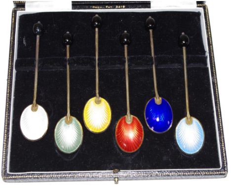 Six boxed sterling silver enamel tea spoons Hallmarked Birmingham 1954,