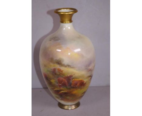 Royal Worcester signed Harry Stinton vase handpainted with highland cattle scene, height 19.5cm approx