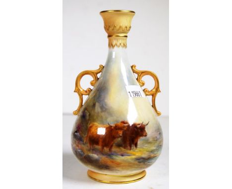 Royal Worcester signed John Stinton vase with hand painted highland cattle and twin handles, circa 1910, height 19.5cm approx