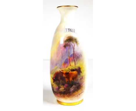 Royal Worcester signed John Stinton vase with hand painted highland cattle, circa 1910, height 15cm approx