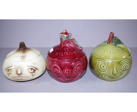 Sylvac three piece lidded vegetable bowls marked 'Beetroot,' 'Onions,' and 'Apple Sauce.' Each marked to base. Height 14cm ap