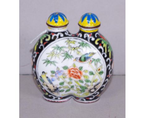 Chinese enamel twin snuff bottle with bird & butterfly panel decoration, signed base, 7cm high approx.