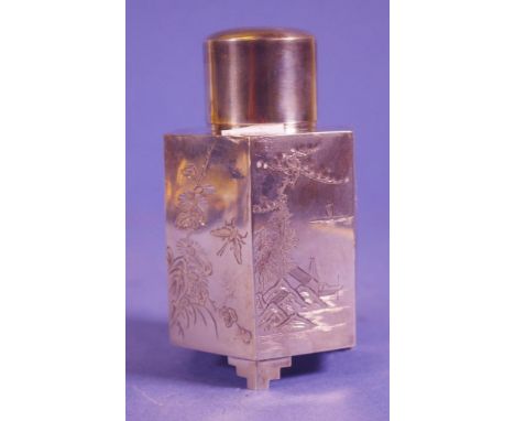Chinese silver tea caddy engraved bird and foliage and lake scene decoration. Character marks and ' 90' marked to base. Heigh