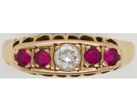 18ct yellow gold ruby and diamond ring. with a single white round brilliant cut diamond flanked by two rubies each side set i