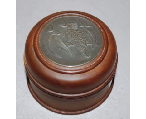 Australian Jarrah timber & sterling silver lidded trinket box, with in relief kookaburra to top, diameter 7.5cm approx