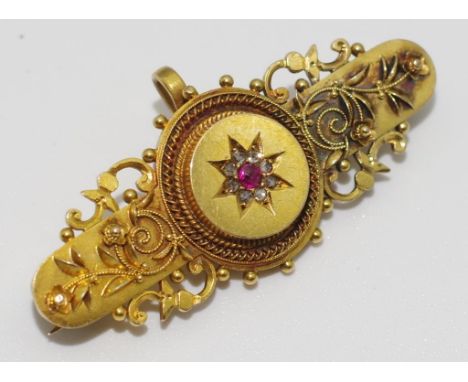Victorian 15ct gold, diamonds and ruby brooch weight 4.6ms