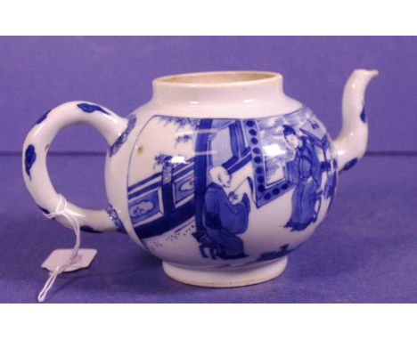 Chinese 18th century blue & white teapot Decorated with figures in court activities. Character marks to base. (Lid non extant