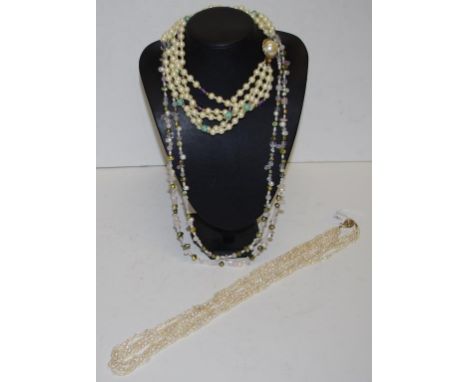Three various vintage pearl necklaces to include a Gay Boyer necklace, 5 strand rice pearl necklace, and a  rose quartz and g
