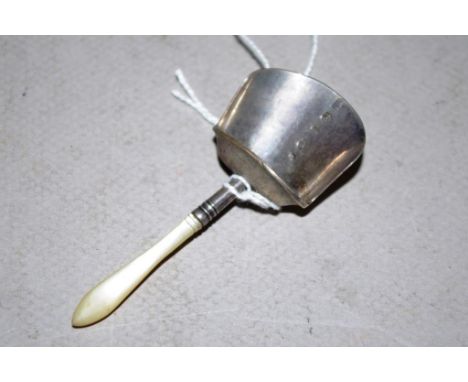 George III sterling silver caddy spoon Birmingham 1806, maker's name rubbed. Mother of Pearl handle. Length 8cm approx.