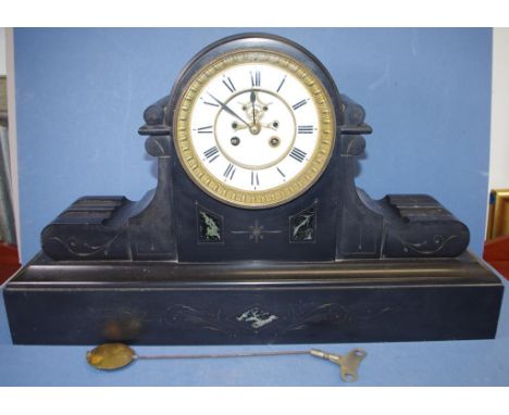 Large Victorian slate mantle clock architectural case, visible escapement, bell, with key & pendulum, 37cm high, 60cm wide ap