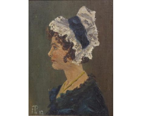 Antique framed small portrait of a woman oil on panel, signed lower left ('FP/12,' possibly Georgian). 12cm X 9.5cm approx.