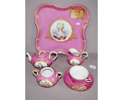 Antique six piece Sevres tea set including cup and saucer, tea pot,  cream jug, sugar bowl, (lid unavailable), and tray, (sma