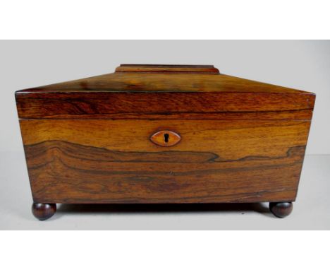Regency caddy in Brazilian rosewood with 3 lidded interior, on ball feet. c1830, 32.5cm x 16.5cm, 18cm high
