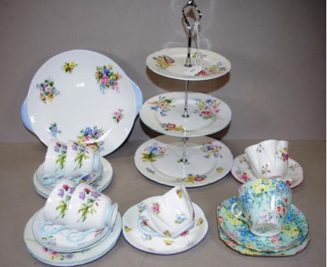 Quantity vintage Shelley bone china teawares including 'Wild Flowers' 3 level, cake serving plate, together with matching 12 