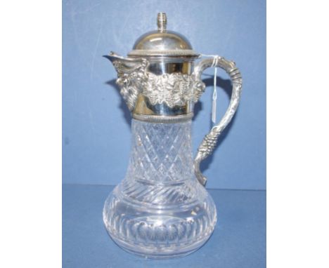 Vintage sterling silver & crystal claret jug shoulder and handle with embossed decoration of grapes and vine leaves, marked '