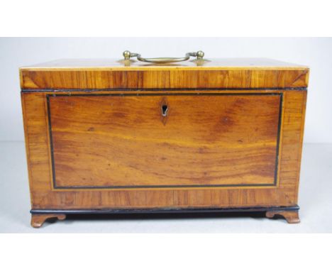 George III satinwood caddy cross banded in rosewood and strung in ebony and boxwood, on ogee bracket feet and with original s