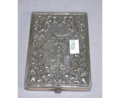 Early Javanese embossed silver cigarette case embossed shadow puppet decoration to lid, marked 'PN' in a diamond verso. Possi
