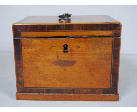 Mid George III satinwood caddy strung and cross banded, with original handles, divided and tinned interior. c1770, 14.5cm x 1