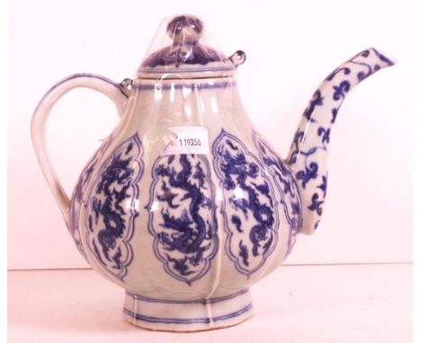 Chinese blue & white ceramic teapot decorated with dragons, character marks to base, height 21cm approx