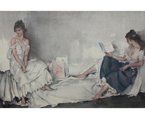 Sir William Russell Flint, two ladies on a couch, limited edition coloured print, published by Frost and Keel, blind stamped,