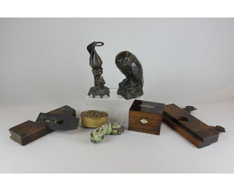 A resin figure of an owl, a mahogany money box, an ormolu trinket box, two wood working planes and other items