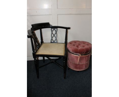 An ebonised corner chair upholstered seat on turned legs, together with a button upholstered pouffe/workbox in pink velvet