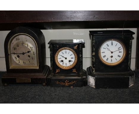 A black slate mantel clock, another similar with gilt bevel and a 1920's wooden cased mantel clock (a/f)