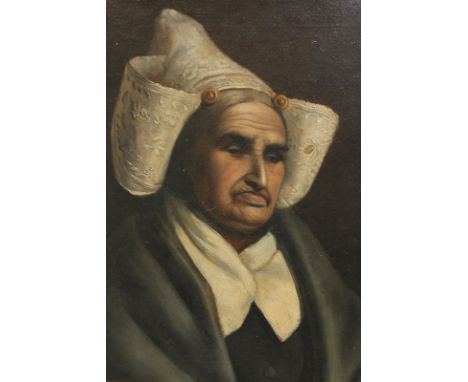 Dutch school (19th century), portrait of an old woman in lace hat, oil on canvas, 39cm by 49cm