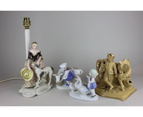 A collection of Continental porcelain, including Royal Belvedere Vienna lamp base of a woman and dog, a pair of figures of a 