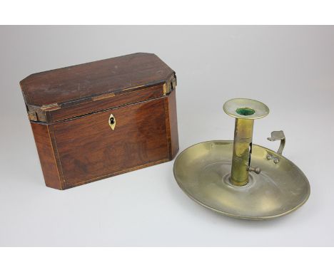 A 19th century mahogany and walnut veneered octagonal tea caddy, together with a brass chamber stick