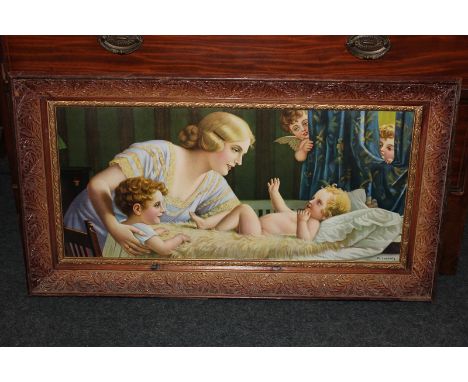 After Frank Laubnit, a 1920's coloured print of a mother and her children with cherubs looking on, in moulded frame, 73.5cm b