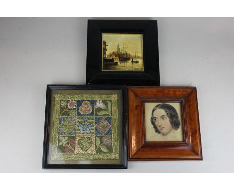 A 19th century watercolour portrait of a woman, (10cm by 11cm), an embroidered panel and an oil of a ship in harbour, signed 