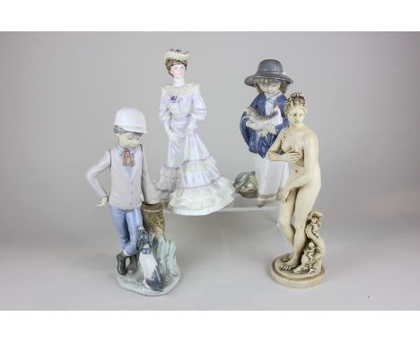 Two Nao porcelain figures of a boy with dog and a girl holding a chicken, a Coalport figure of a lady, Louisa at Ascot, and a