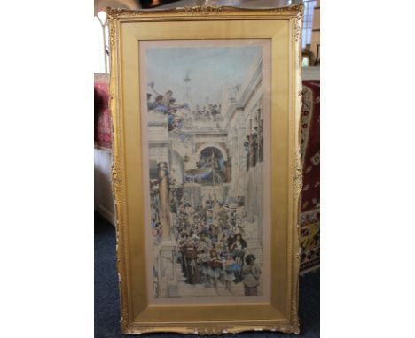 After Sir L Alma Tadema (1836-1912), Spring, hand coloured reproduction print in gilded gesso frame, 40cm by 90cm