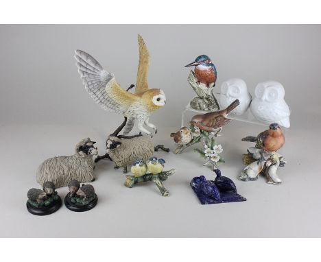 A Mack porcelain figure of a kingfisher signed J Mack 89, a model of a barn owl, various other models of birds and other anim