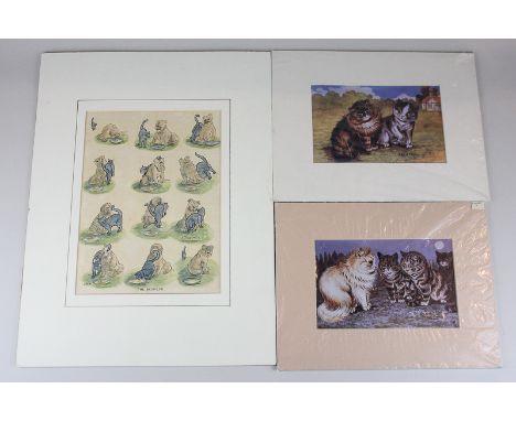 Two Louis Wain prints of cats, 16.5cm by 11cm, together with another comical print of a cat and dog titled The Beguiler, sign