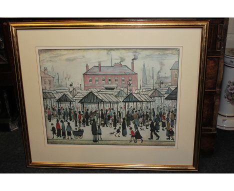 After Lawrence Stephen Lowry (1887-1976), busy market in a northern town, coloured print, signed in pencil, 48cm by 64cm