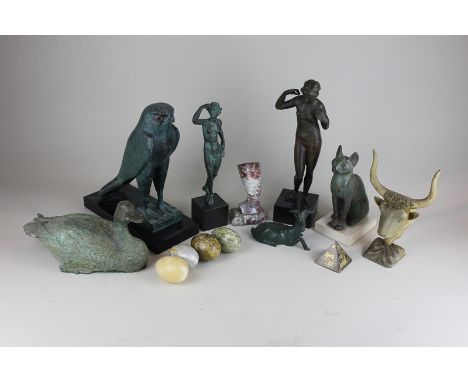 Eight museum replica ornaments including models of Egyptian gods and Grecian statues, together with a cast model of a duck an