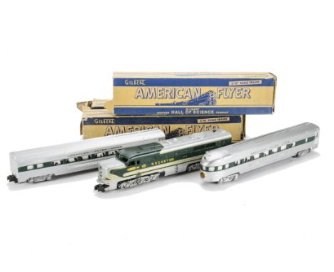 American S Gauge 2-rail Diesel Locomotive and Coach by American Flyer (Gilbert), comprising Co-Co diesel in green/silver as ‘