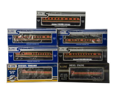 American 0 Gauge 3-rail Alco Diesel Locomotive Set and Coaching Stock by K-Line, in Great Northern orange/green, comprising t