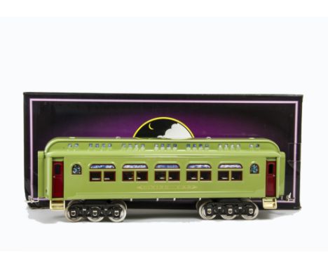 Modern ‘Tinplate Traditions’ (by MTH) Standard Gauge 3-rail ‘418’ Coaches, in apple green with brass trim comprising two Parl